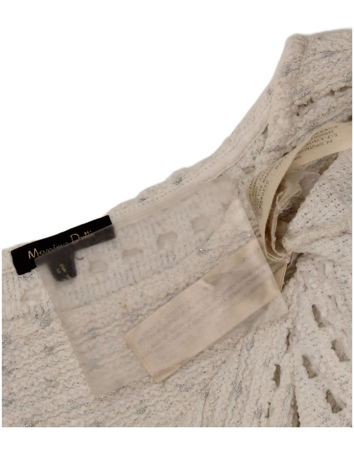 Massimo Dutti Damen Häkelpullover mit U-Boot-Ausschnitt, Gr. 14, Mittelweiß