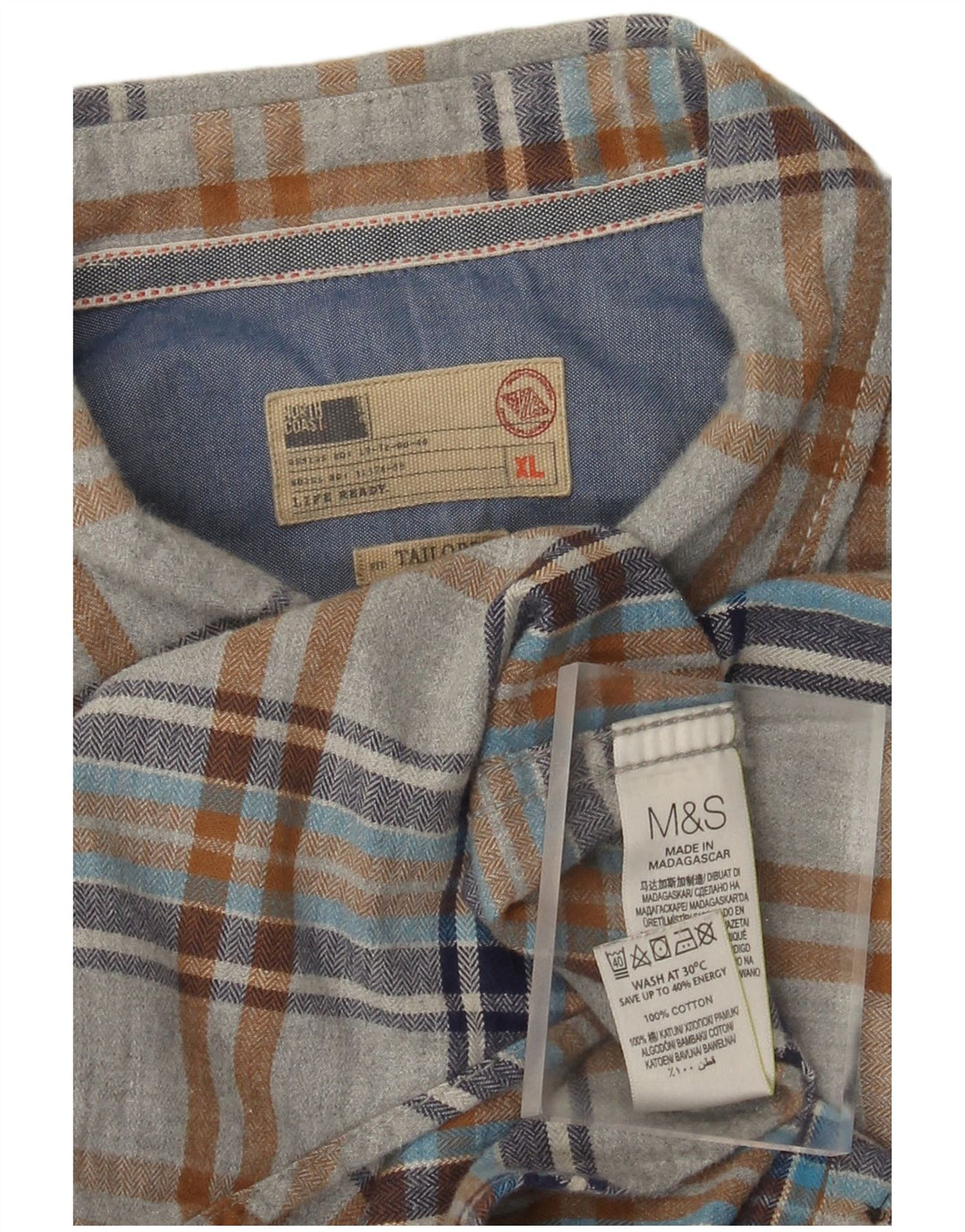 Marks & Spencer Herren-Flanellhemd, maßgeschneidert, XL, grau kariert, Baumwolle