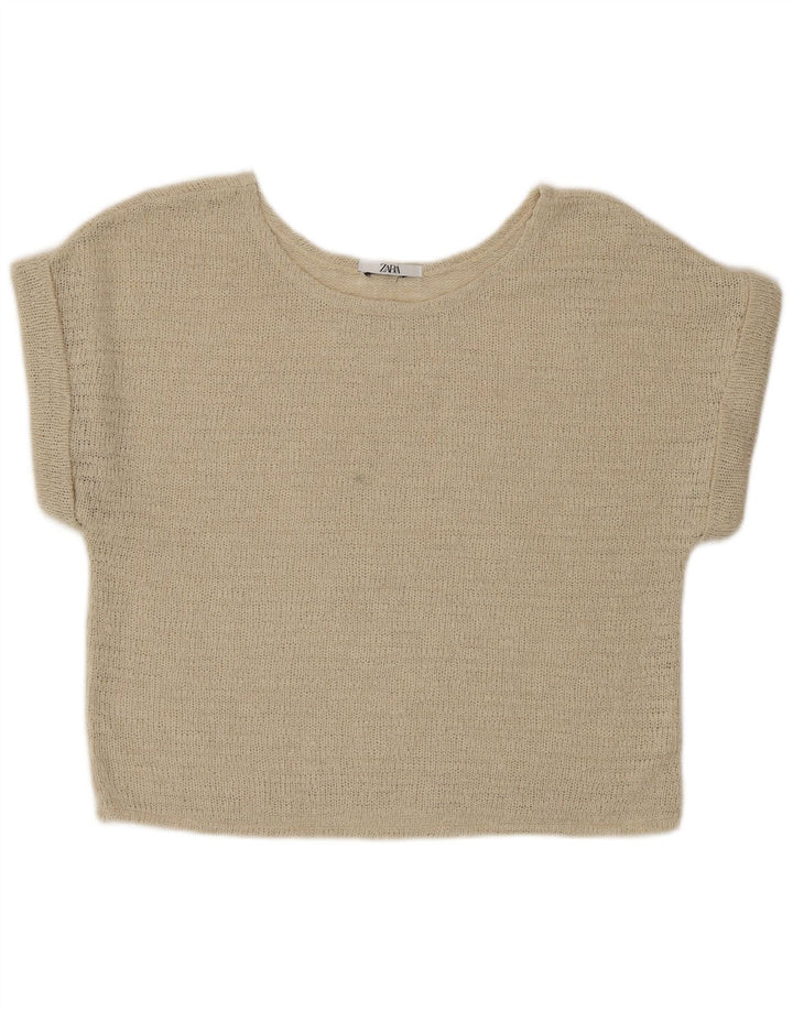 Zara Damen Crop Knit Bluse Top UK 16 Large Beige