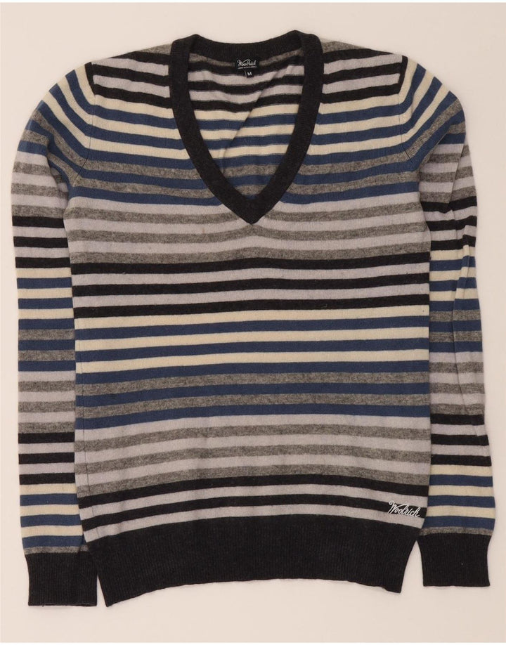 WOOLRICH Womens V-Neck Jumper Sweater UK 12 Medium Multicoloured Striped Vintage Woolrich and Second-Hand Woolrich from Messina Hembry 