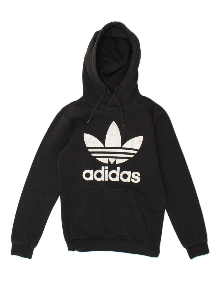 ADIDAS Mens Graphic Hoodie Jumper XS Black Polyester Vintage Adidas and Second-Hand Adidas from Messina Hembry 