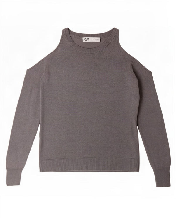Zara Damen-Pullover, schulterfrei, U-Boot-Ausschnitt, Gr. 10, Größe S, Grau, Baumwolle