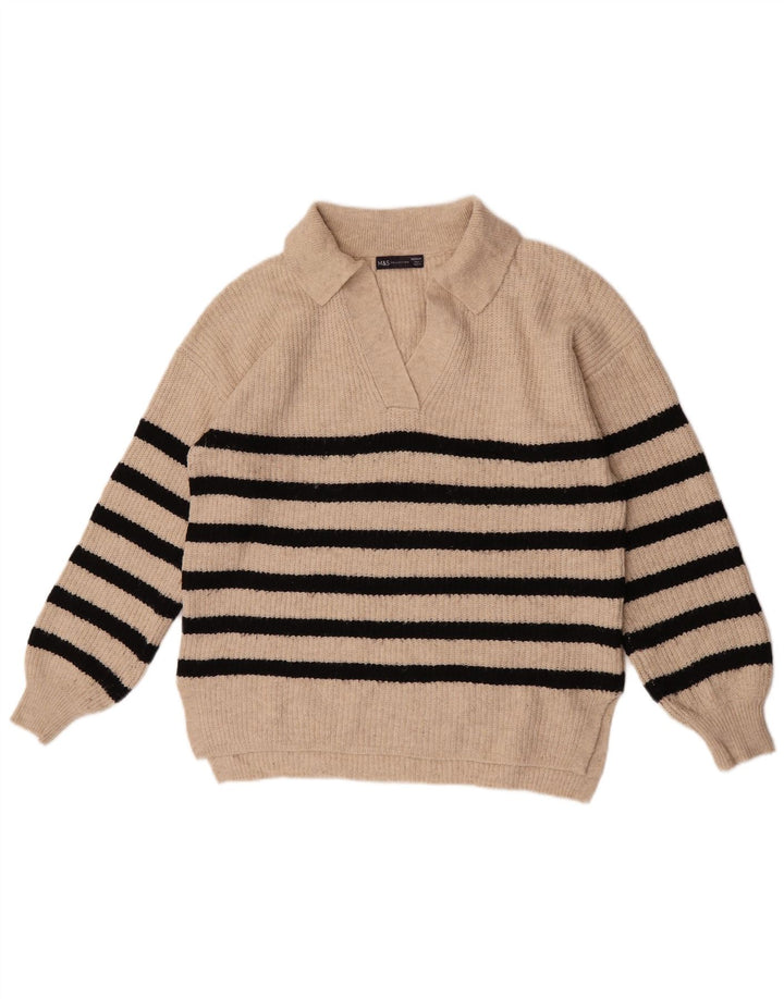 Marks & Spencer Damen-Pullover mit Polokragen, UK 14, Mittelbeige gestreift