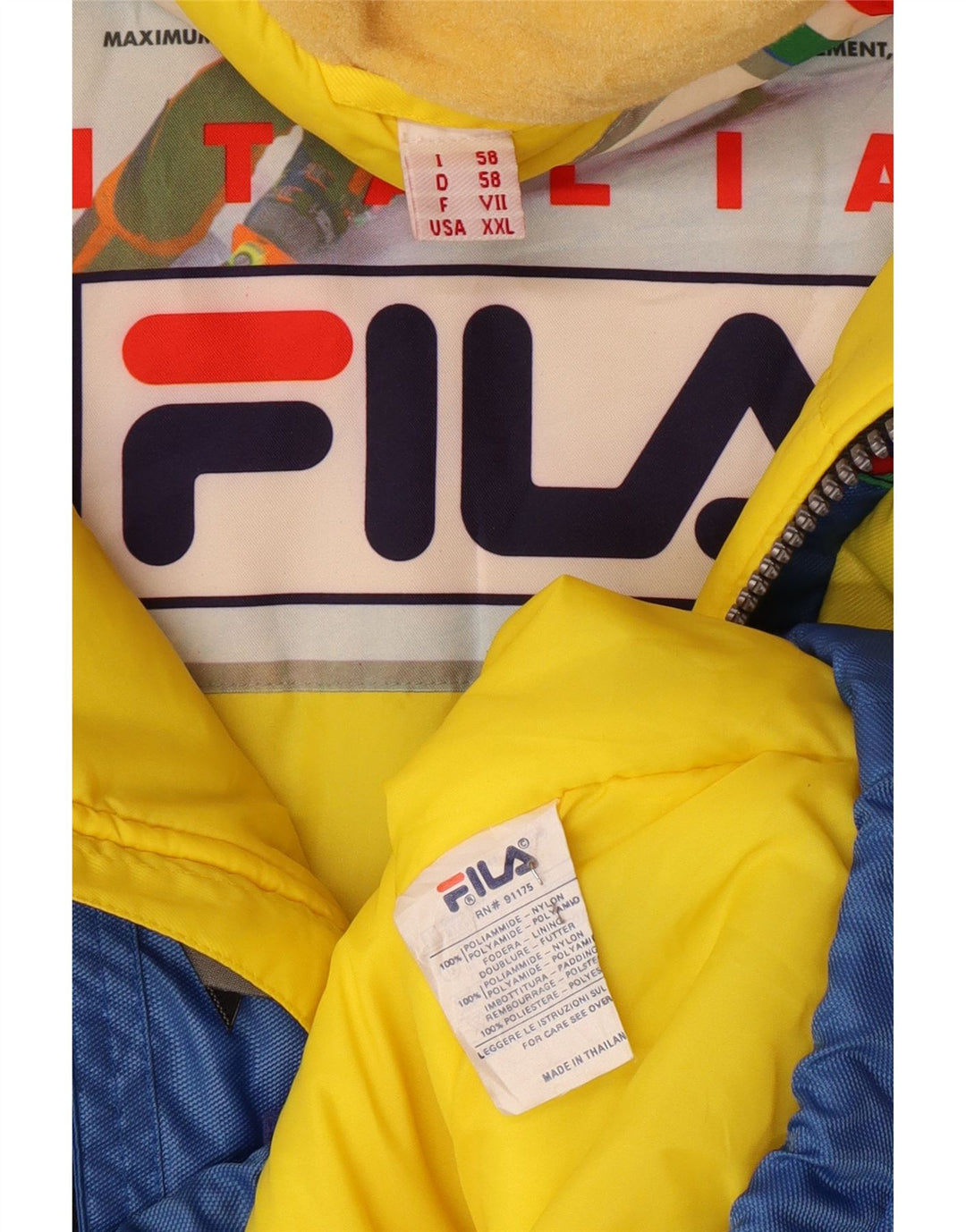 FILA Herren-Skijacke mit grafischer Kapuze, IT 58 3XL, blaues Colourblock-Polyamid