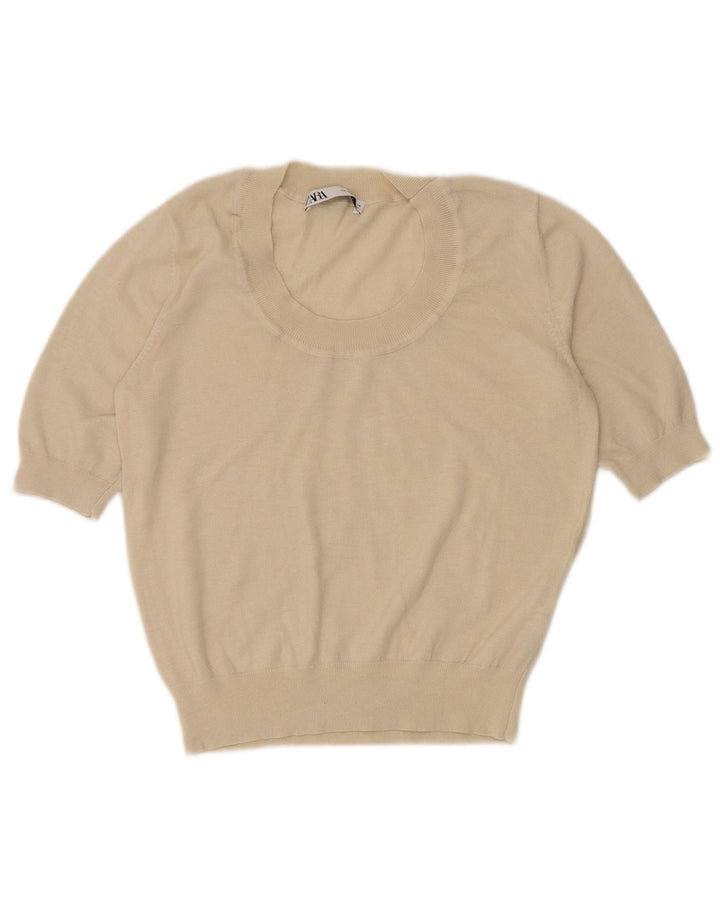 Zara Damen Kurzarm-Blusenoberteil UK 12 Medium Off White Nylon