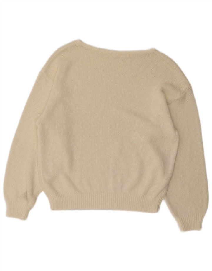 Vintage Damen Crop Graphic U-Boot-Ausschnitt Pullover Pullover EU 40 Mittelweiß