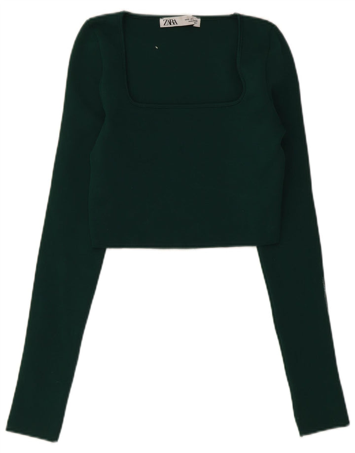 Zara Damen Crop Top Langarm UK 8 Small Grün Polyester