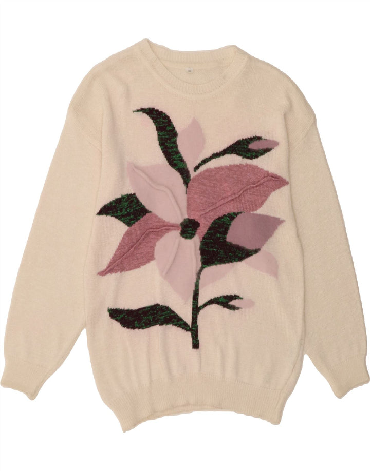 VINTAGE Womens Crew Neck Jumper Sweater EU 40 Medium Off White Floral Vintage Vintage and Second-Hand Vintage from Messina Hembry 