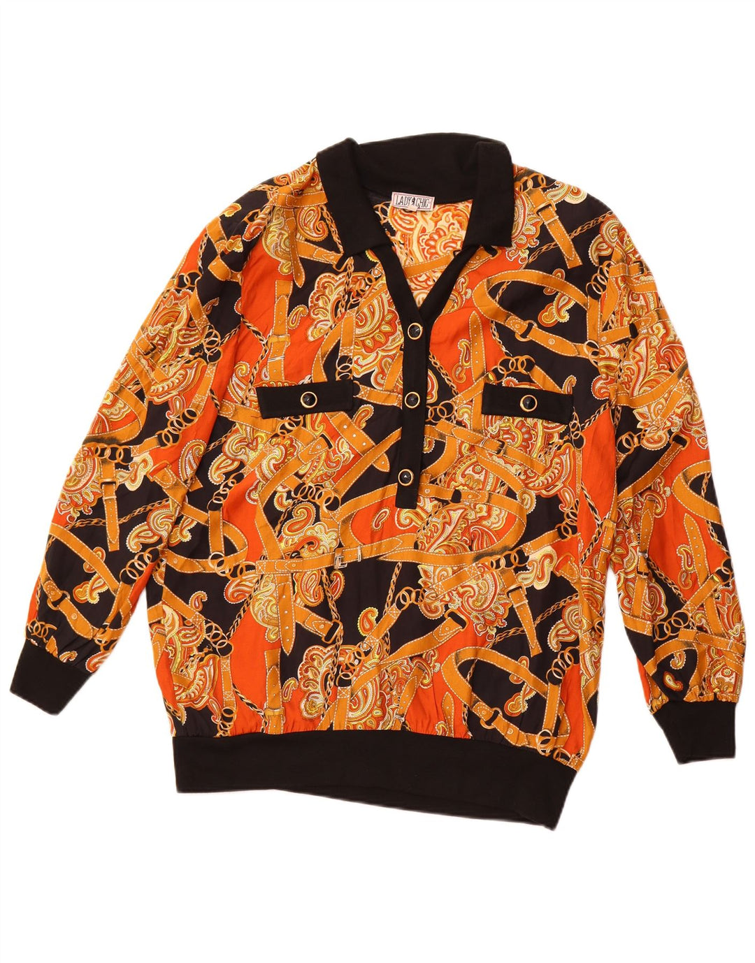 VINTAGE Damen Pullover-Hemdbluse mit abstraktem Muster IT 50 XL Orange