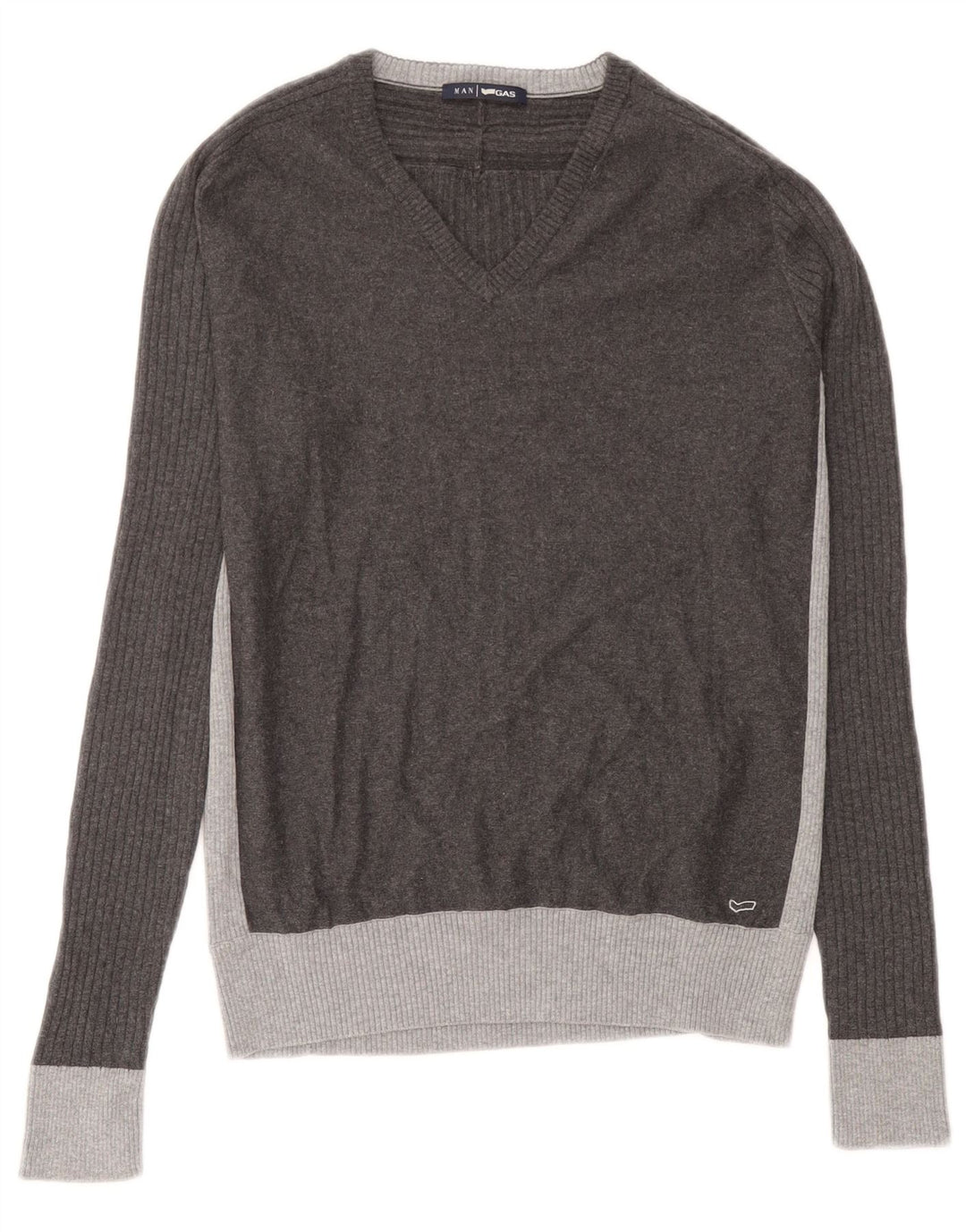 Gas Herren-Pullover mit V-Ausschnitt aus mittelgrauer Colourblock-Baumwolle