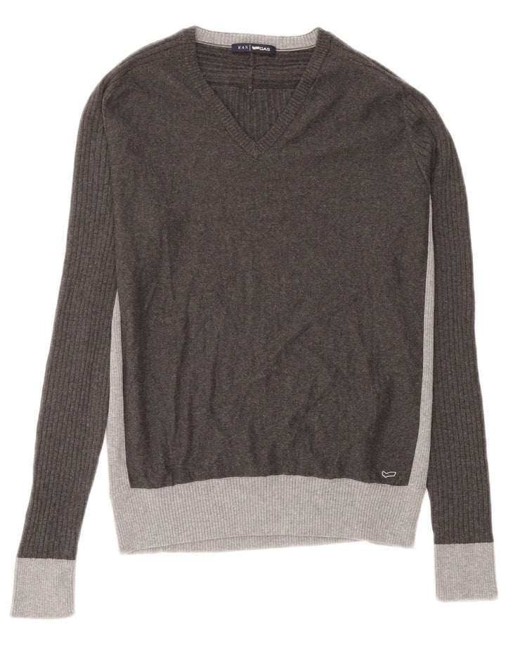 Gas Herren-Pullover mit V-Ausschnitt aus mittelgrauer Colourblock-Baumwolle