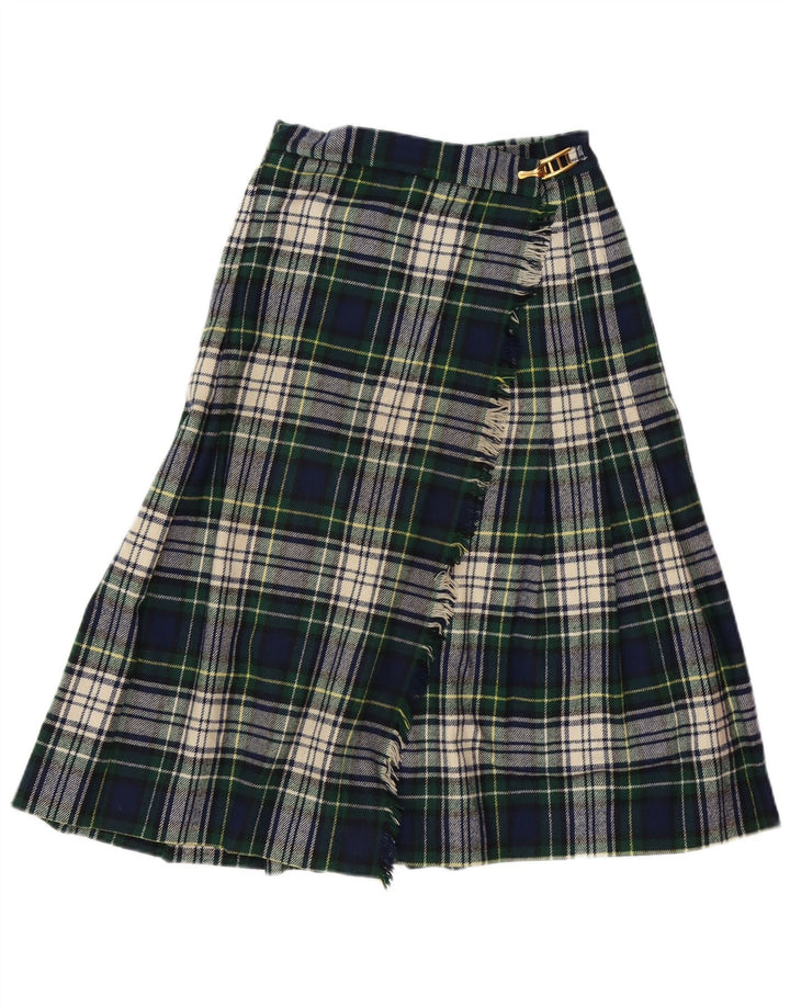 VINTAGE Damen Wickelrock mit hoher Taille IT 42 Medium W26 Grün kariert