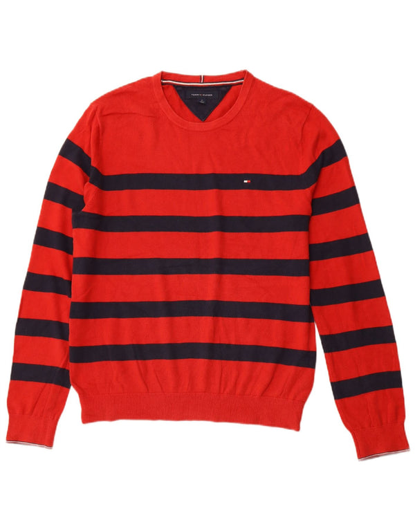 TOMMY HILFIGER Herren-Pullover mit Rundhalsausschnitt, mittelrot, gestreift, Baumwolle