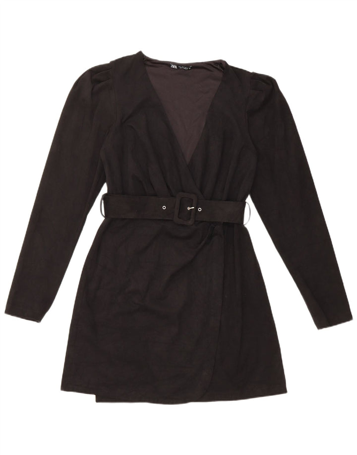 Zara Damen Langarm-Wickelkleid UK 10 Small Schwarz