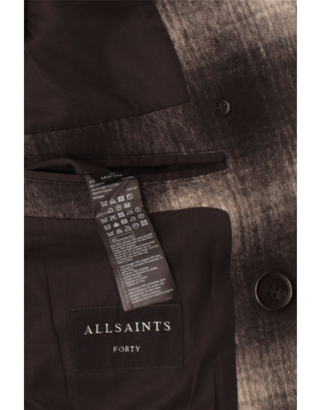 All Saints Herren-Mantel mit geometrischem Muster, UK 40, groß, grau, kariert, klassisch