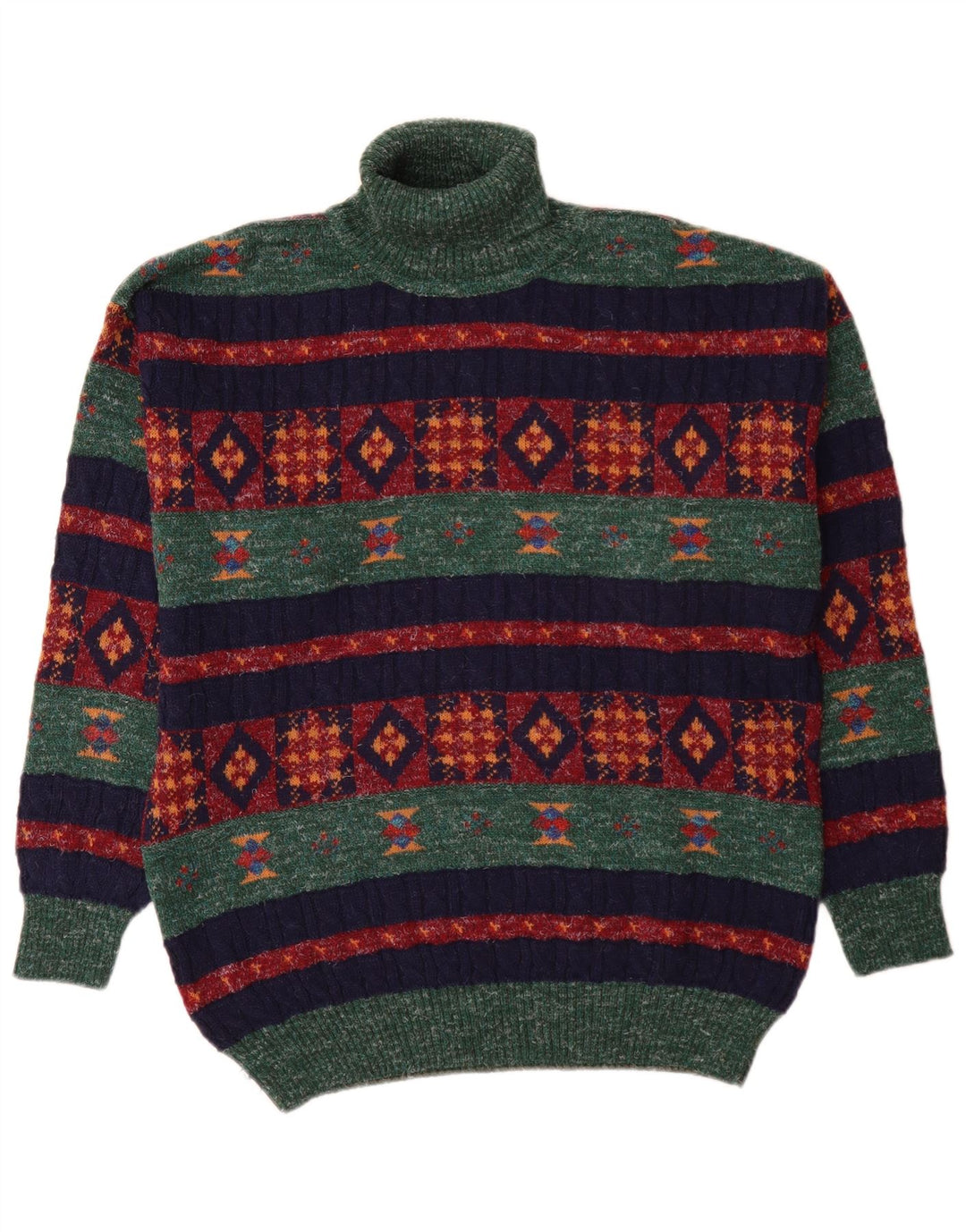 Vintage Herren Rollkragenpullover Mittelgrüne geometrische Alpakawolle