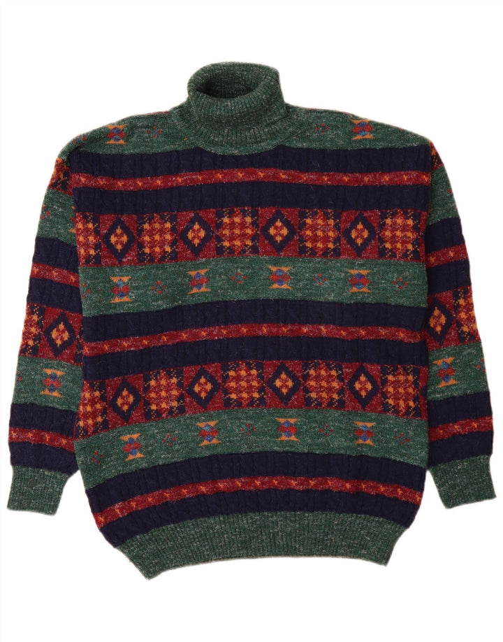 Vintage Herren Rollkragenpullover Mittelgrüne geometrische Alpakawolle