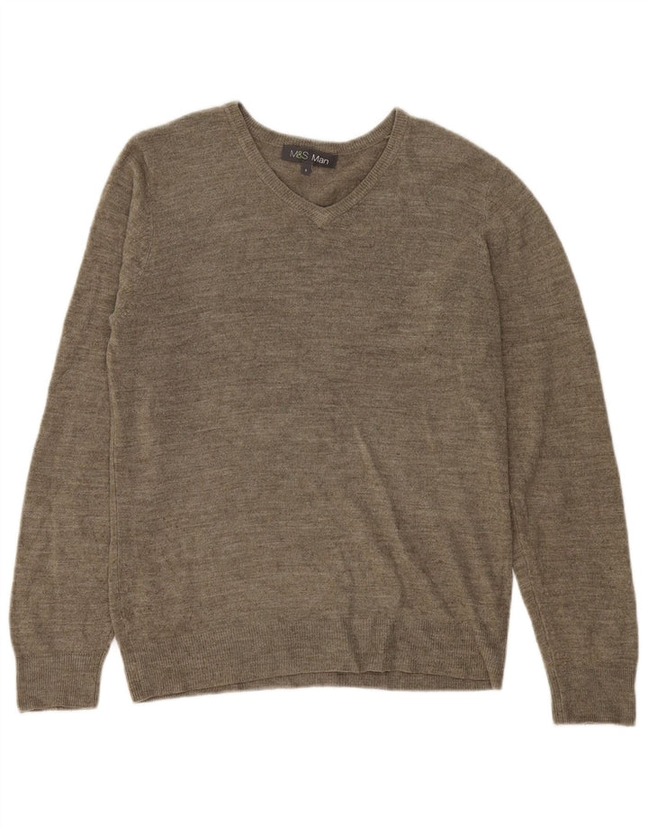 Marks & Spencer Herren-Pullover mit V-Ausschnitt, klein, Khaki, geflecktes Acryl