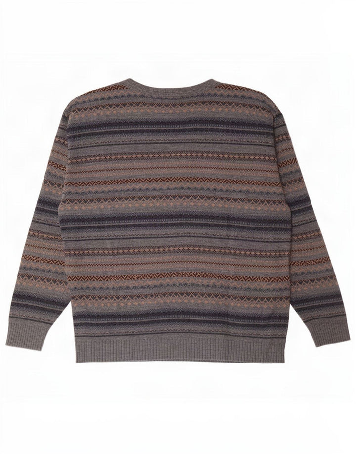 Vintage Herren-Pullover mit U-Boot-Ausschnitt, Mittelgrau, Fair-Isle-Acryl
