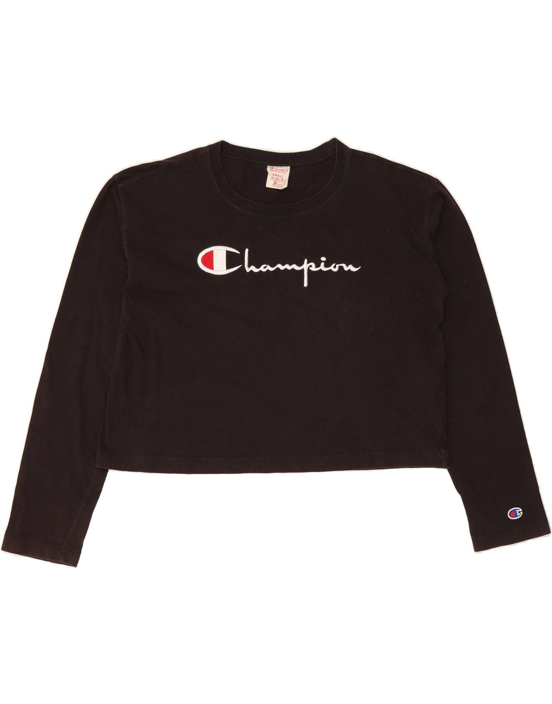 CHAMPION Womens Oversized Crop Graphic Top Long Sleeve UK 10 Small Black Vintage Champion and Second-Hand Champion from Messina Hembry 