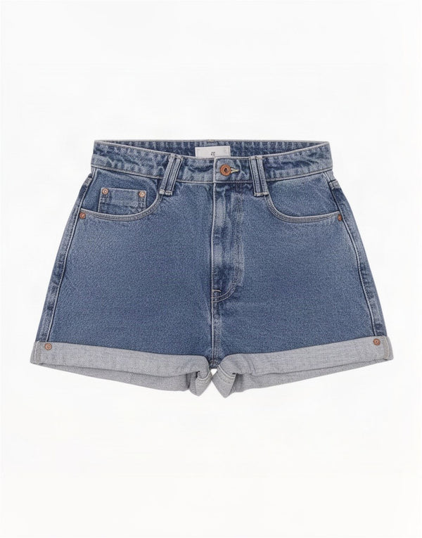 Zara Damen-Jeansshorts mit hoher Taille, EU 38, Größe S, W28, blaue Baumwolle