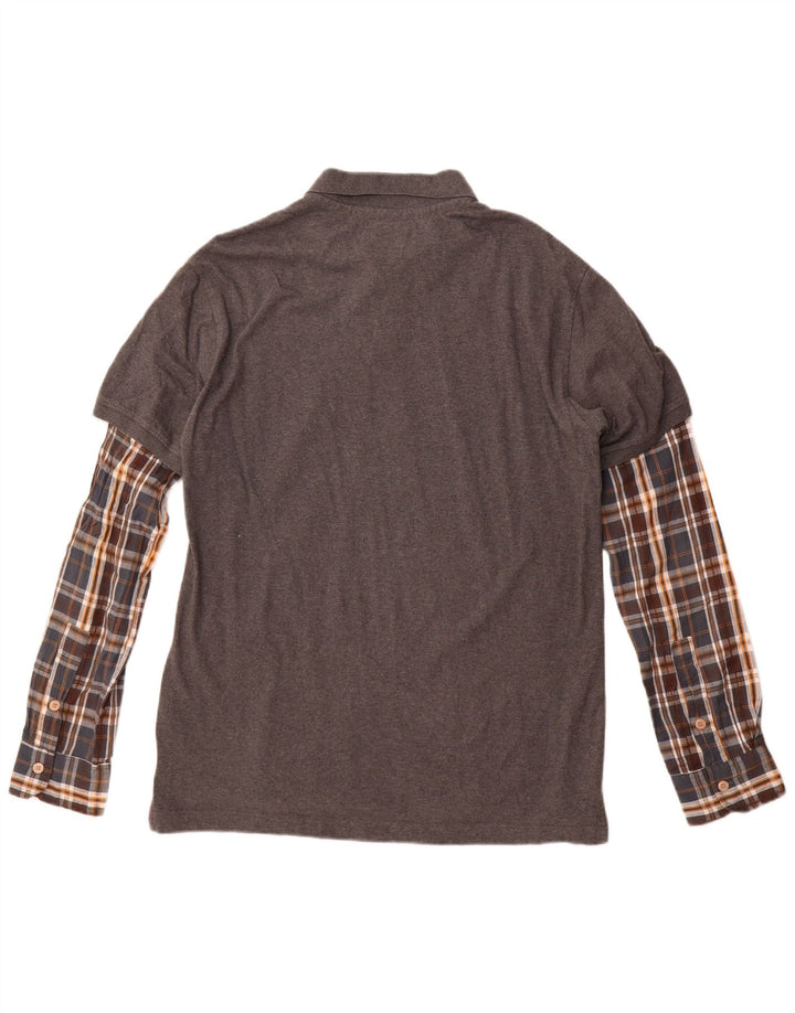 Desigual Herren-Langarm-Poloshirt in regulärer Größe, XL, grau kariert, Baumwolle