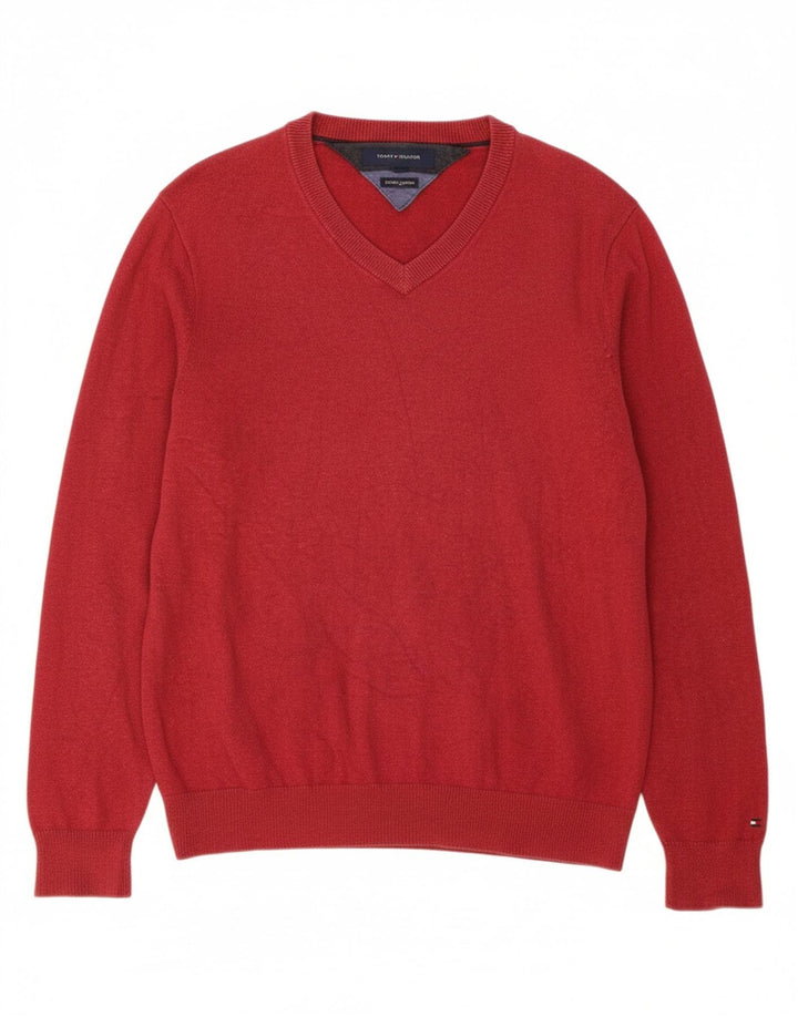 TOMMY HILFIGER Mens V-Neck Jumper Sweater Medium Red Cotton