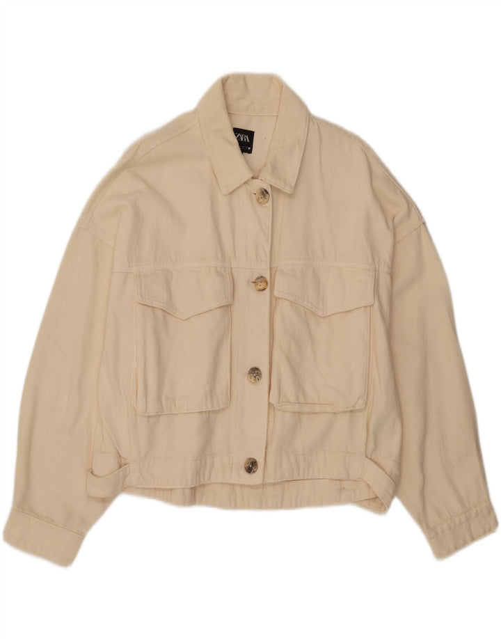 Zara Damen Crop Übergroße Jeansjacke UK 16 Large Off White Baumwolle