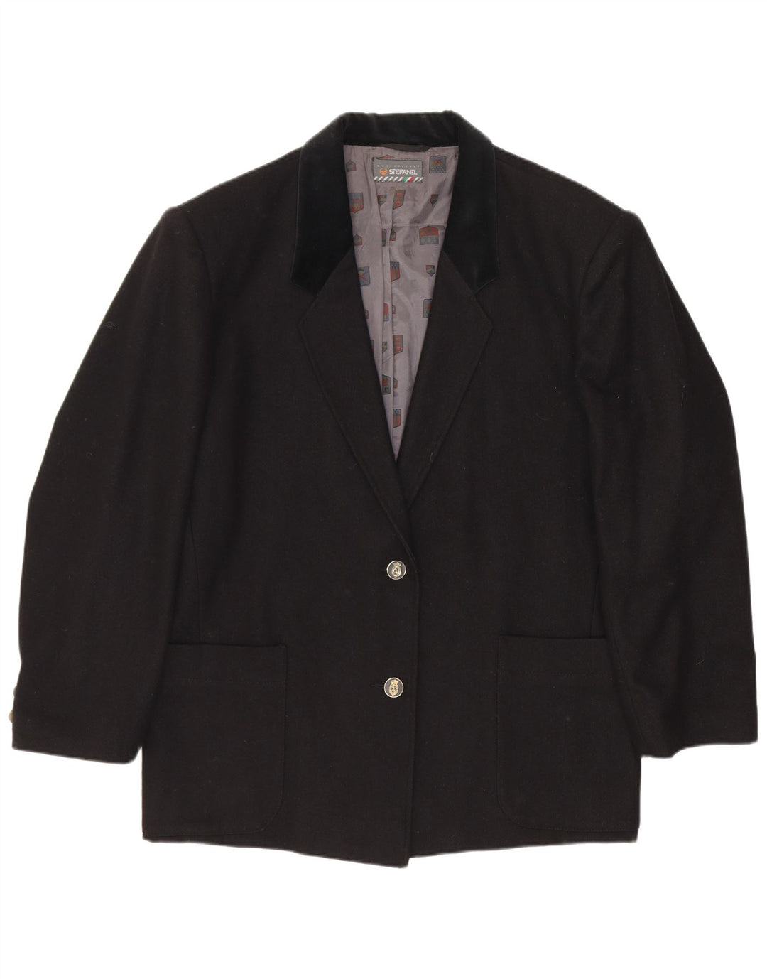 Stefanel Damen 2-Knopf-Blazerjacke UK 14 Mittelschwarze Wolle