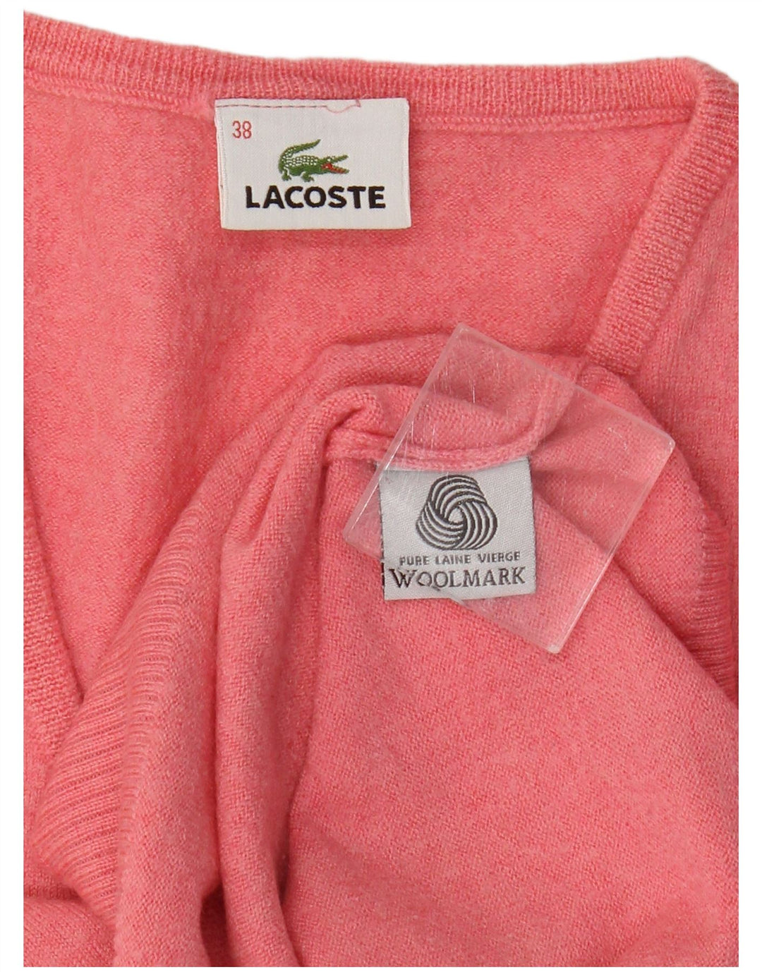 Lacoste Damen-Pullover mit V-Ausschnitt, Größe 38, Mittelrosa aus Schurwolle