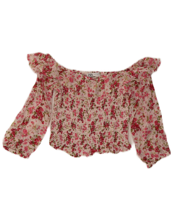 ZARA Damen Crop Off Shoulder Top UK 4 XS Rosa Blumen Viskose
