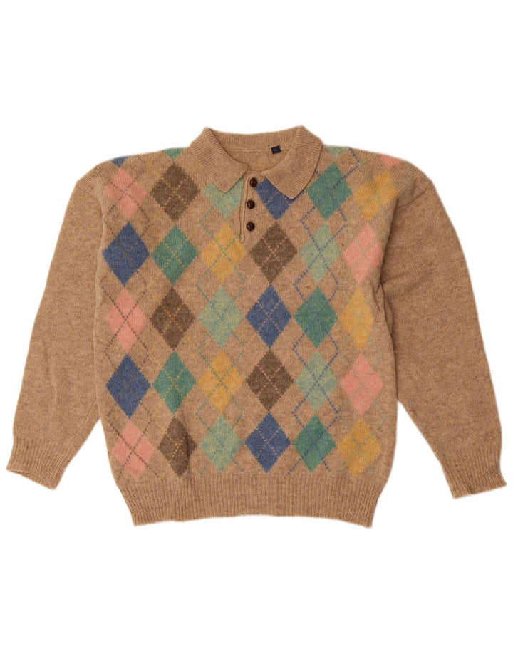 Vintage Herren-Pullover mit Rollkragen, groß, Beige, Argyle-/Diamant-Wolle