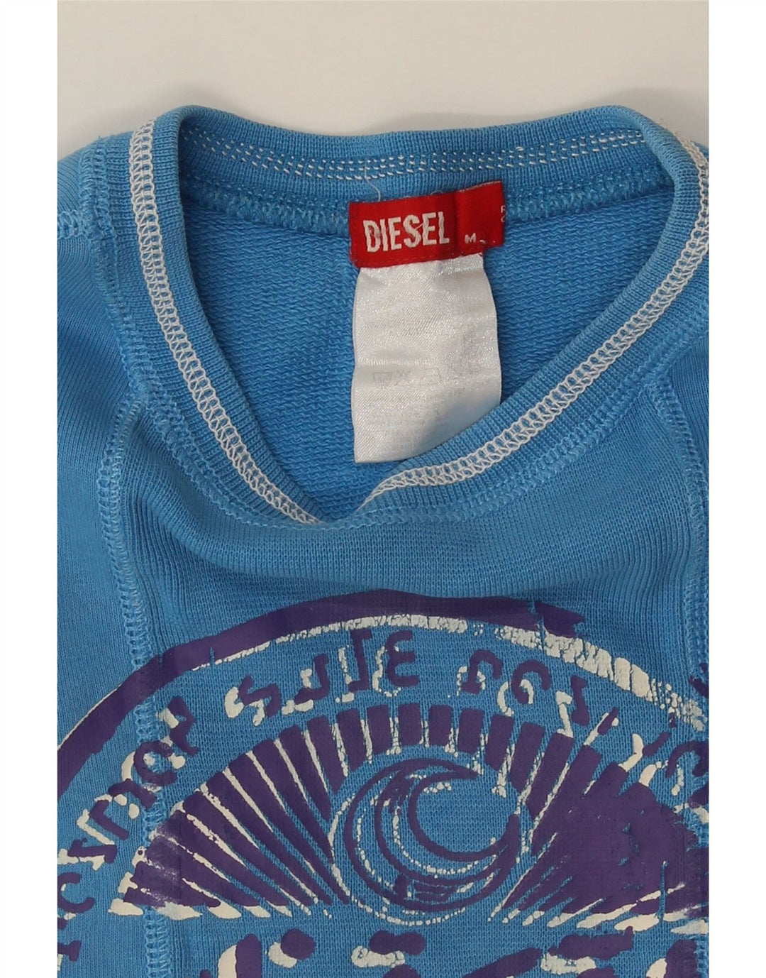 Diesel Womens Graphic Top Langarm UK 14 Mittelblaue Baumwolle