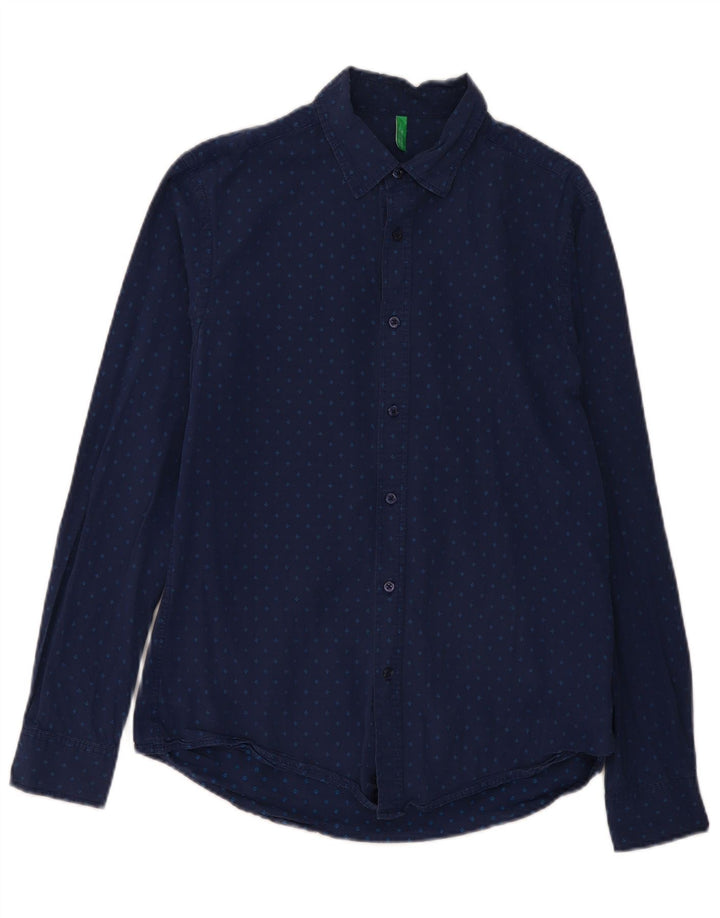 BENETTON Herren-Hemd, groß, marineblau gepunktete Baumwolle