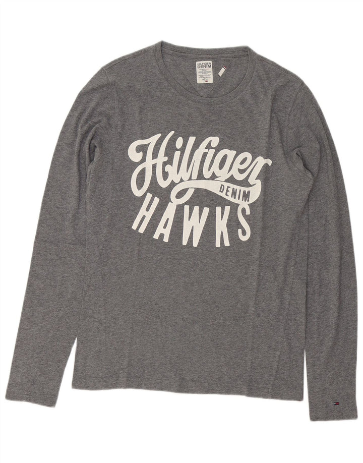 Tommy Hilfiger Herren-Oberteil mit Grafik, langärmlig, klein, grau gefleckte Baumwolle