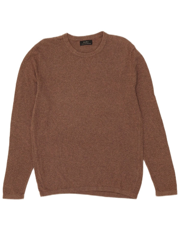 Zara Mens Crew Neck Jumper Sweater Medium Brown Flecked Cotton