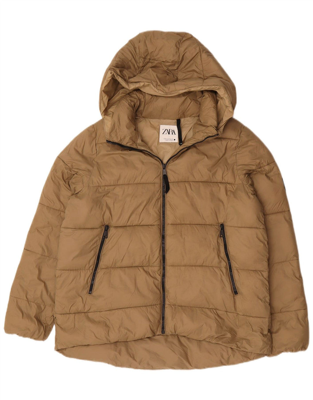 Zara Damen-Kapuzen-Übergröße, wattierte Jacke, UK 14, mittelbeigefarbenes Nylon