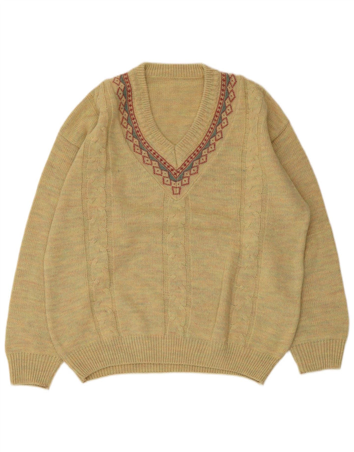 Vintage Herren V-Ausschnitt Pullover Pullover Große gelbe geometrische Wolle