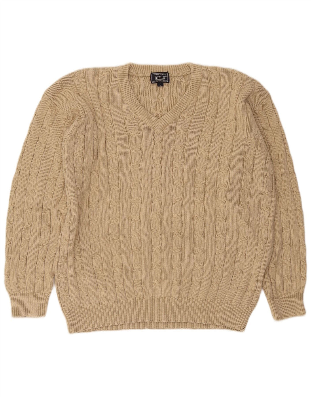 Rifle Herren-Pullover mit V-Ausschnitt, groß, beige Baumwolle