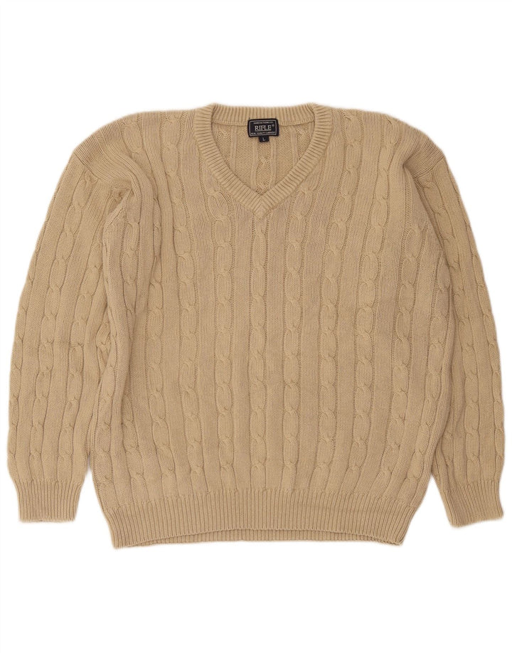 Rifle Herren-Pullover mit V-Ausschnitt, groß, beige Baumwolle