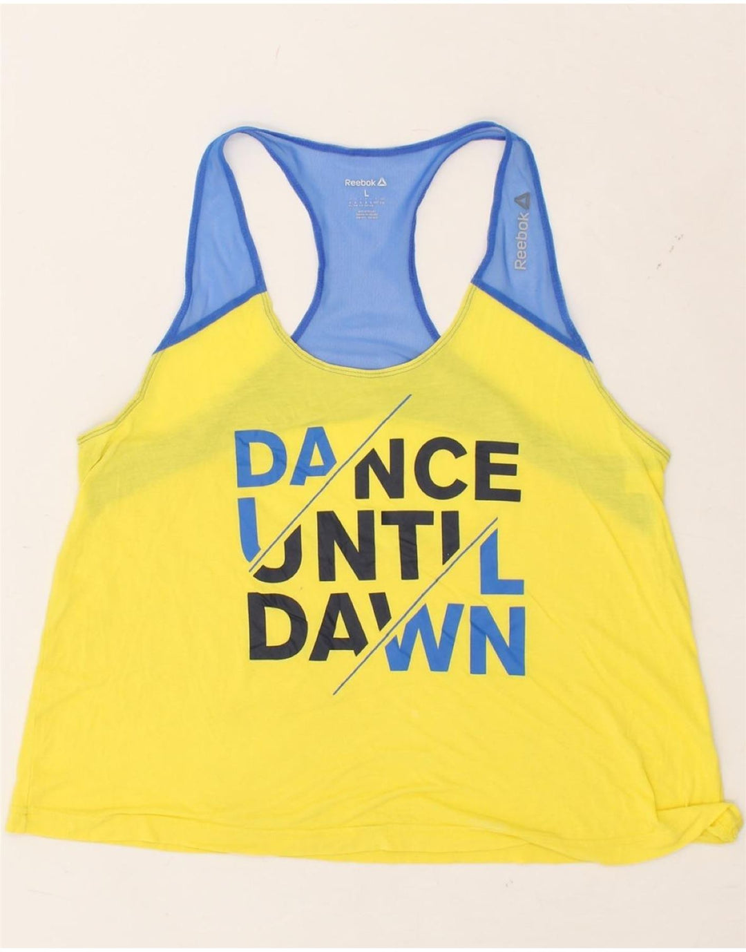 REEBOK Womens Graphic Vest Top UK 14 Large Yellow Colourblock Vintage Reebok and Second-Hand Reebok from Messina Hembry 