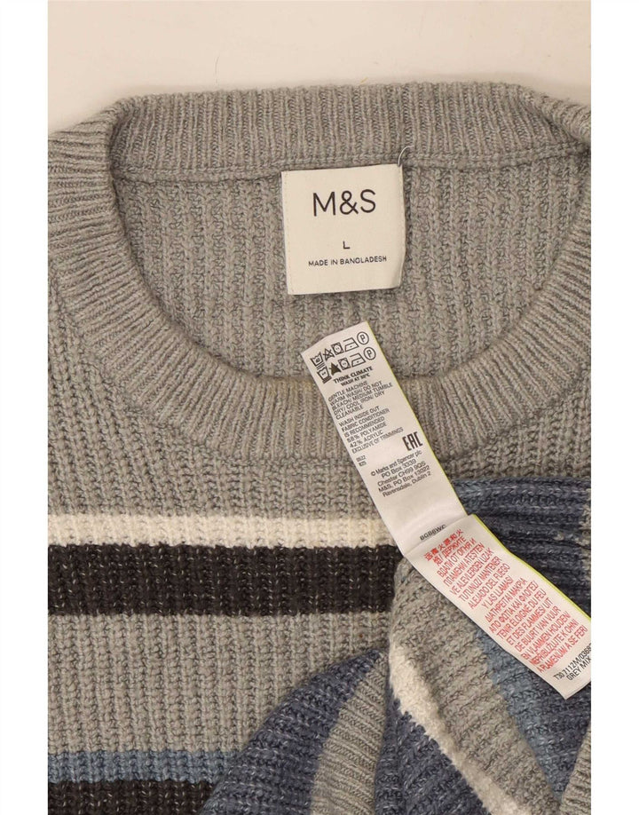 Marks & Spencer Herren-Pullover mit Rundhalsausschnitt, groß, grau gestreift, Polyester