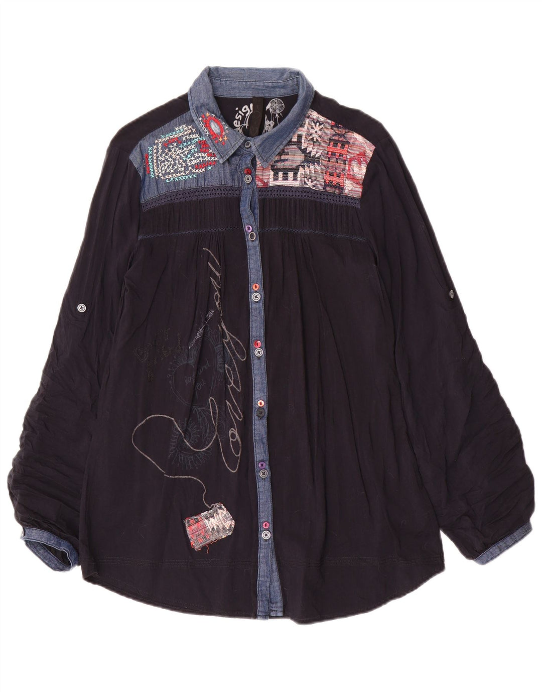 Desigual Damen Grafik-Hemdbluse UK 18 XL Marineblau Patchwork