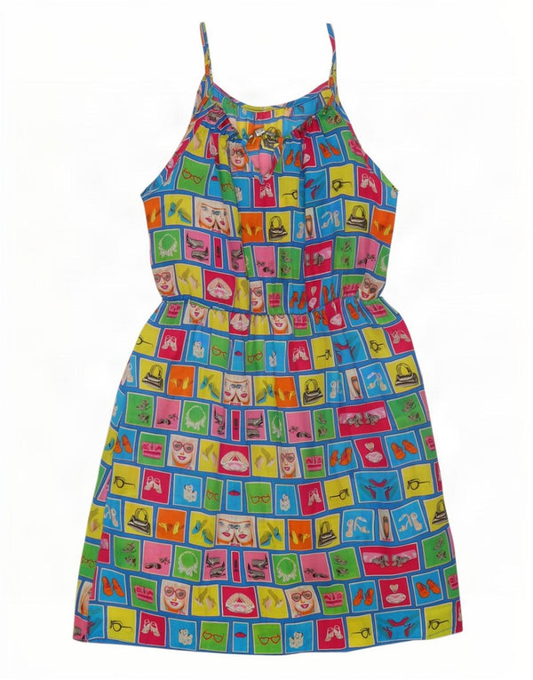 Vintage Damen Grafisches Sonnenkleid UK 14 Große bunte Patchwork-Baumwolle
