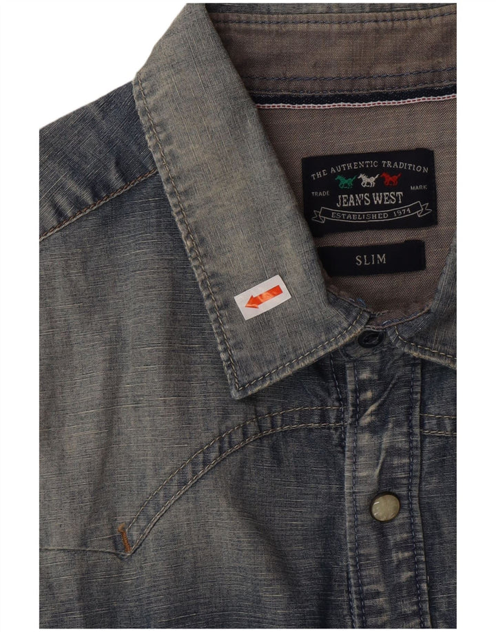 VINTAGE Mens Slim Denim Shirt Medium Blue Cotton