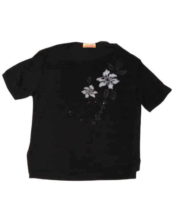 Vintage Damen T-Shirt Top UK 16 Großes schwarzes Blumenmuster