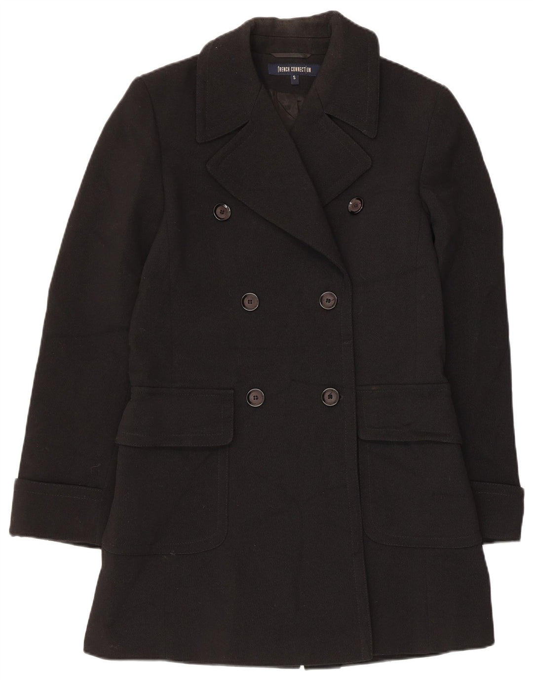 French Connection Zweireihiger Damenmantel UK 10 Small Schwarze Wolle