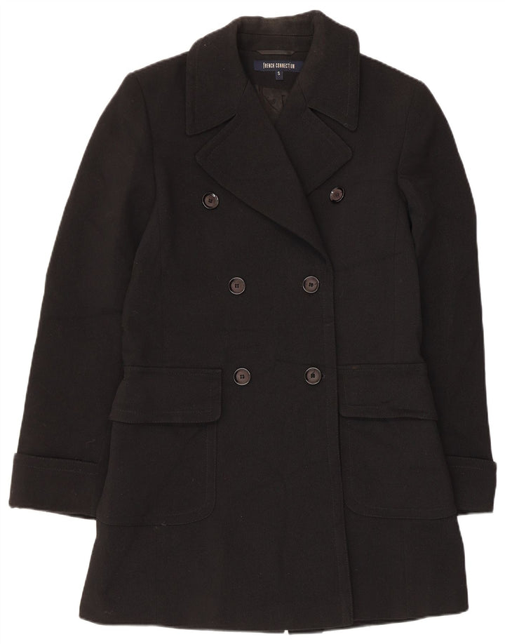 French Connection Zweireihiger Damenmantel UK 10 Small Schwarze Wolle
