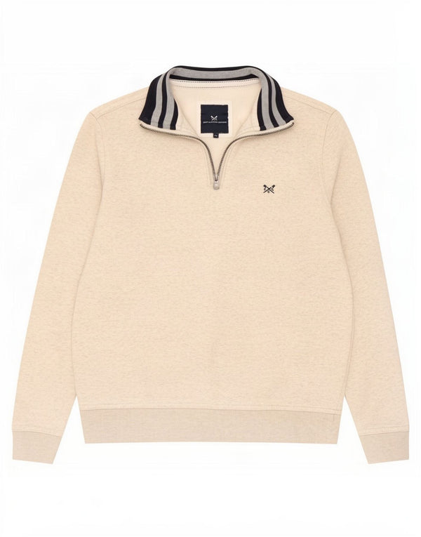 Crew Clothing Herren-Sweatshirt mit Reißverschluss am Hals, mittelbeige gesprenkelte Baumwolle