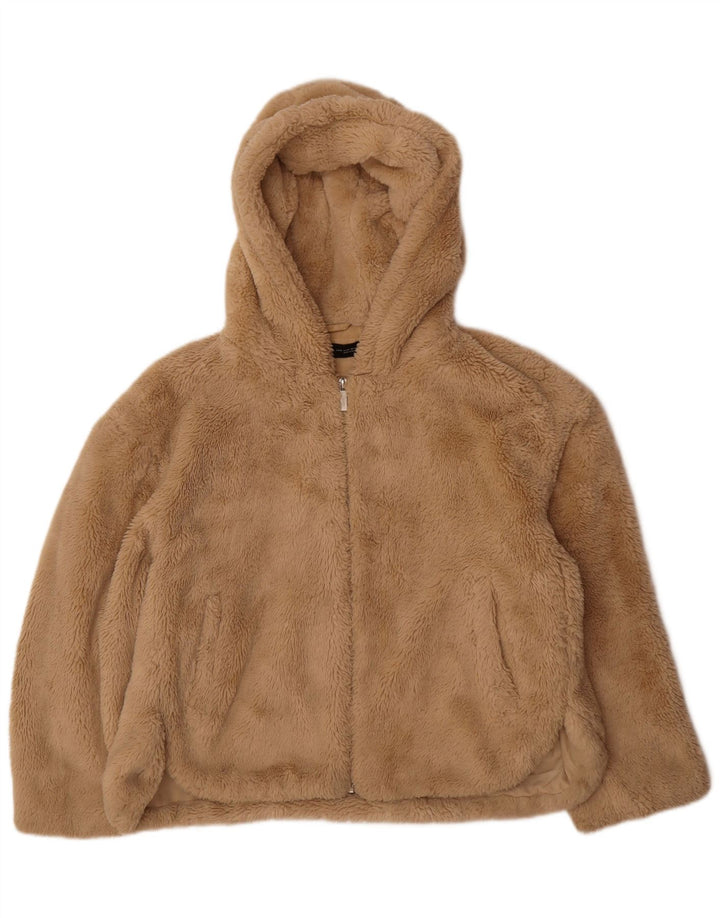 Zara Damen-Bomberjacke mit Teddybär-Kapuze, UK 14, mittelbeigefarbenes Polyester